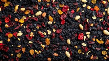 A Colorful Mix of Dried Fruits and Nuts on a Dark Background photo