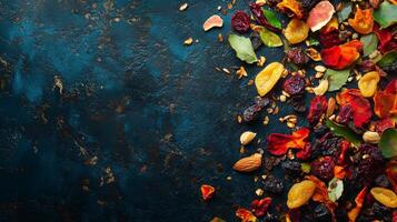 Vibrant Dried Fruit and Nut Mix on Dark Background photo