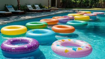 Colorful Inflatable Pool Rings in a Sparkling Pool photo