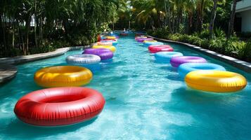 Vibrant inflatables drifting in a sunlit pool photo