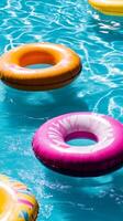 Colorful inflatable rings floating in a clear pool photo