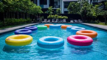 Vibrant Pool Fun with Colorful Inflatable Rings photo