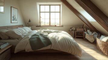 Rustic Attic Bedroom with Natural Light and Wooden Beams photo