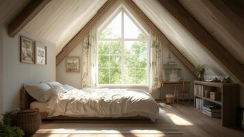 Serene Attic Bedroom with Natural Light and Wooden Accents photo