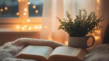Cozy Evening Reading Nook with Warm Lights and a Book photo