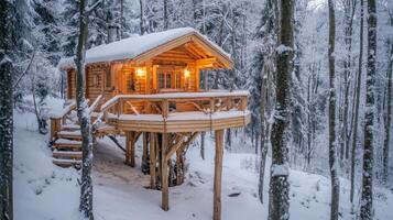 Enchanted Winter Treehouse Cabin in the Woods photo