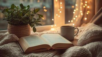 Cozy Reading Nook by the Window with Warm Tea and Book photo