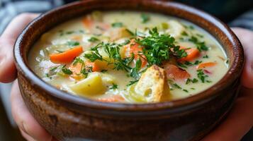 Hearty vegetable soup with toasted bread bites photo