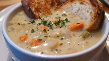Creamy Vegetable Soup with Toasted Bread - A Hearty and Delicious Meal photo