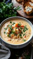Creamy veggie soup served with golden croutons photo