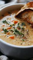 Warm vegetable soup topped with crispy croutons photo
