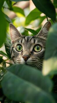 Intriguing Tabby Cat Amidst Lush Greenery photo