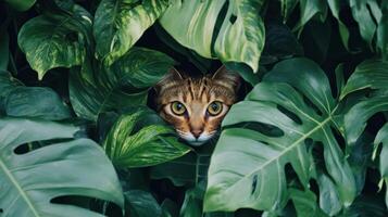 A Curious Cat Hidden Amongst Lush Tropical Plants photo