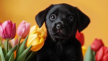 Black Puppy with Spring Tulips photo