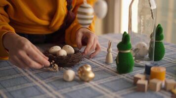 A woman is putting eggs in a nest on a table video
