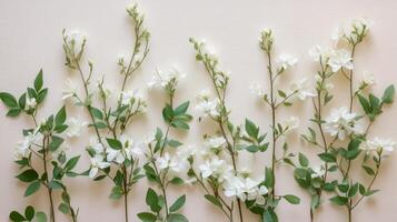 Delicate White Flowers Arrangement on Beige Background photo