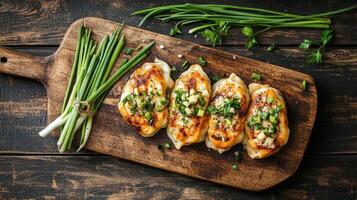 Golden-Crisp Asian Dumplings on Rustic Board photo