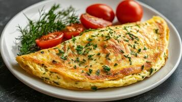 Fluffy egg omelette garnished with garden herbs photo