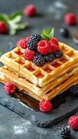 Stacked Waffles with Fresh Berries and Syrup - A Sweet Breakfast Delight photo