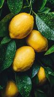 Close-up of Fresh Lemons on a Tree with Dew Drops photo