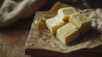 Golden Butter Cubes on Rustic Wooden Board photo