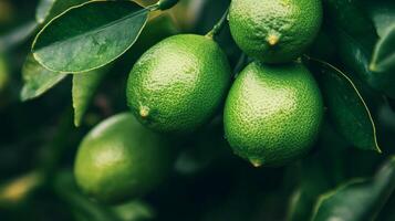 Close-up of Fresh Green Limes on the Tree photo