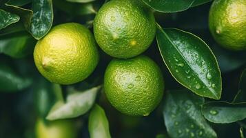 Close-up of Fresh, Vibrant Limes on a Tree photo