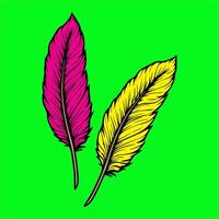 two colorful feathers on a green background vector