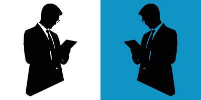 Illustration showing man in suit using tablet, great for productivity, business apps, and online presentations. Illustration showing corporate worker checking data on a digital tablet. vector