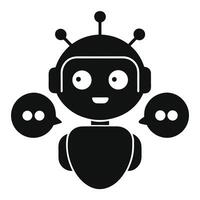Black silhouette of a robot face with talk bubble illustrating digital dialogue and intelligent tech vector