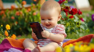 Baby enjoys sunny day in garden while playing with smartphone and surrounded by colorful flowers photo