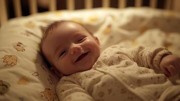 Happy baby in cozy crib, enjoying a moment of joy during evening time at home photo