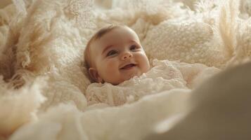 Joyful baby smiles surrounded by soft textiles in a cozy setting during a sunny afternoon photo