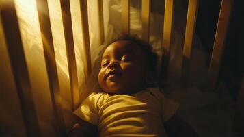 Happy baby lying in crib with soft light glowing during peaceful moment at home photo