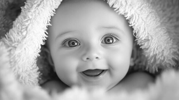 Smiling baby wrapped in soft blanket displays joy and innocence in black and white portrait photo