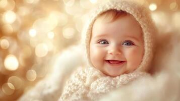 Smiling baby in warm knitted outfit with soft golden background during winter celebration photo