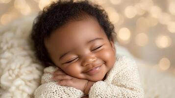 Smiling baby showcasing joy and innocence while nestled in soft blanket with warm lights in the background photo