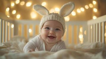 Baby in bunny hat smiling in cozy nursery with soft lights creating a warm atmosphere photo