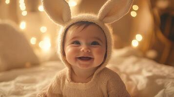 Happy baby with bunny hat smiles in cozy room decorated with soft lights during festive evening photo