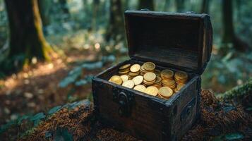 Treasure chest filled with gold coins found in a dense forest during daylight hours photo
