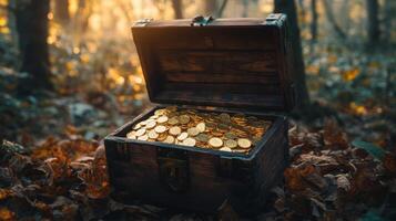 Treasure chest overflowing with gold coins in a forest during golden hour light photo