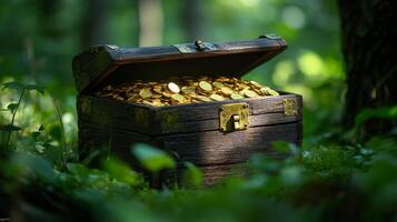 Treasure chest filled with gold coins discovered in a serene forest clearing during daylight hours photo