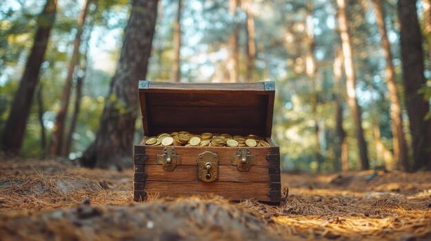 Treasure chest filled with gold coins discovered in a serene forest during midday sunlight shining through trees photo