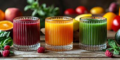 Colorful selection of fresh fruit juices on a wooden table surrounded by vibrant fruits photo