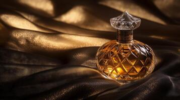 Luxurious isolated perfume bottle reflecting warm golden light on soft fabric in an elegant setting photo