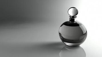 Isolated luxurious perfume bottle with elegant design resting on a reflective surface in soft lighting photo