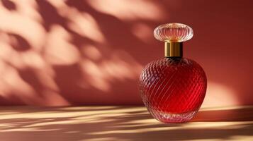 Luxurious isolated perfume bottle with rich fragrance on warm surface and soft shadow play photo