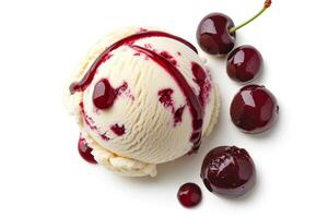 Single scoop of cherry vanilla ice cream topped with cherry sauce on a white background photo