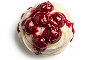 Single scoop of cherry vanilla ice cream topped with cherry sauce on white background photo