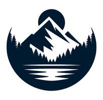 A logo for a mountain range with trees and sun vector
